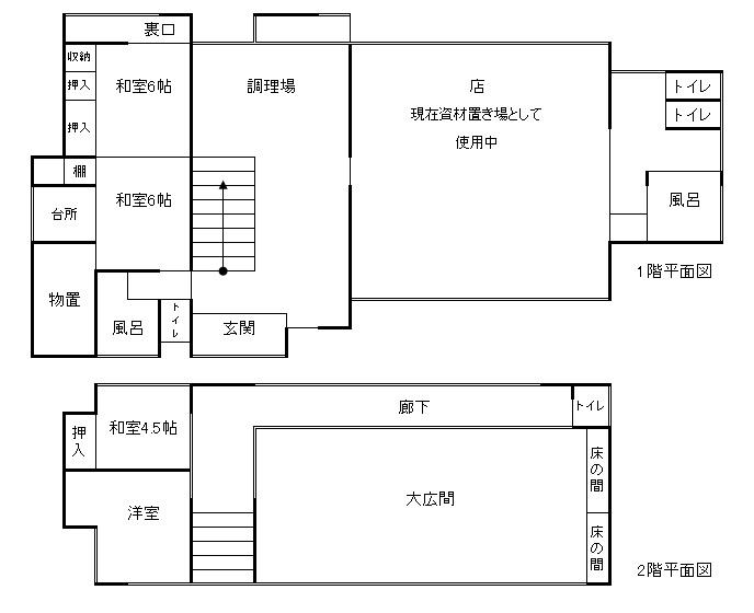 間取り（1F）調理場、店舗、台所、和室6畳×2（2F）和室4.5畳、洋室7畳、大広間