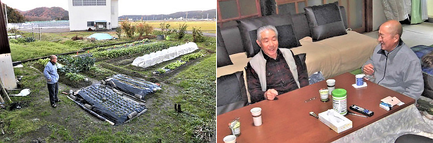 （左）たくさんの野菜を植えている畑　（右）近くに住む区長と談笑する横尾さん